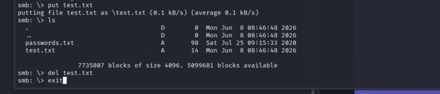 SMB session showing test.txt successfully uploaded and deleted, confirming write access